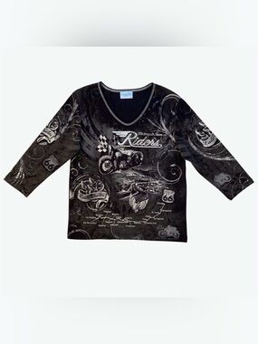 Cactus Bay Charcoal Gray Lady Rider Bling 3/4 Sleeve Graphic Knit Top, XL
